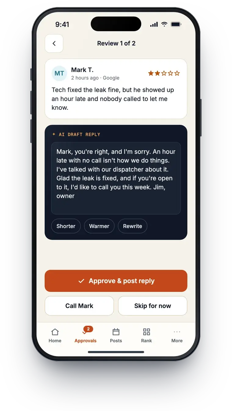 The Profile Wannabe phone app with an AI-drafted review reply ready to approve