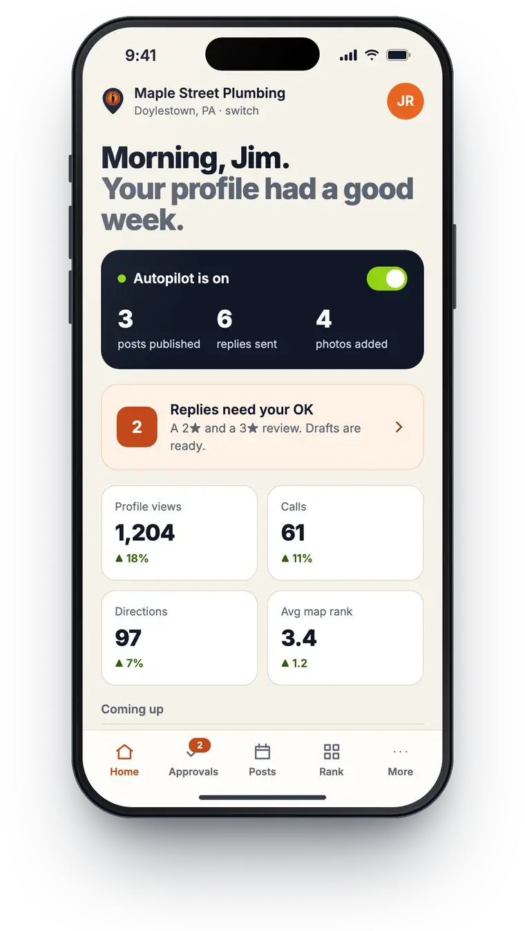 The Profile Wannabe phone app showing a plumbing business overview
