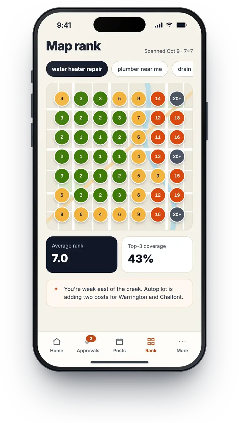 A Profile Wannabe map rank heatmap on a phone