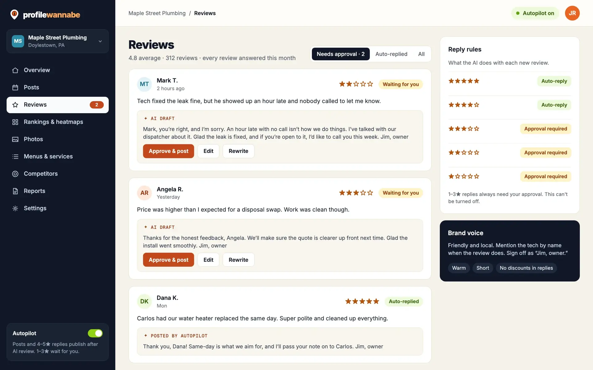 The review queue with AI-drafted replies