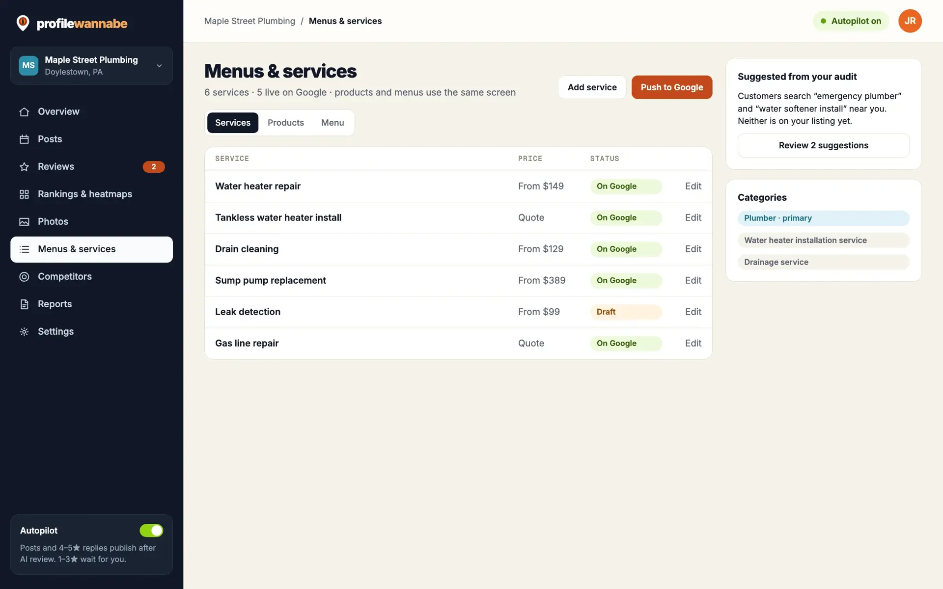 The Menus and services screen with services pushed to Google