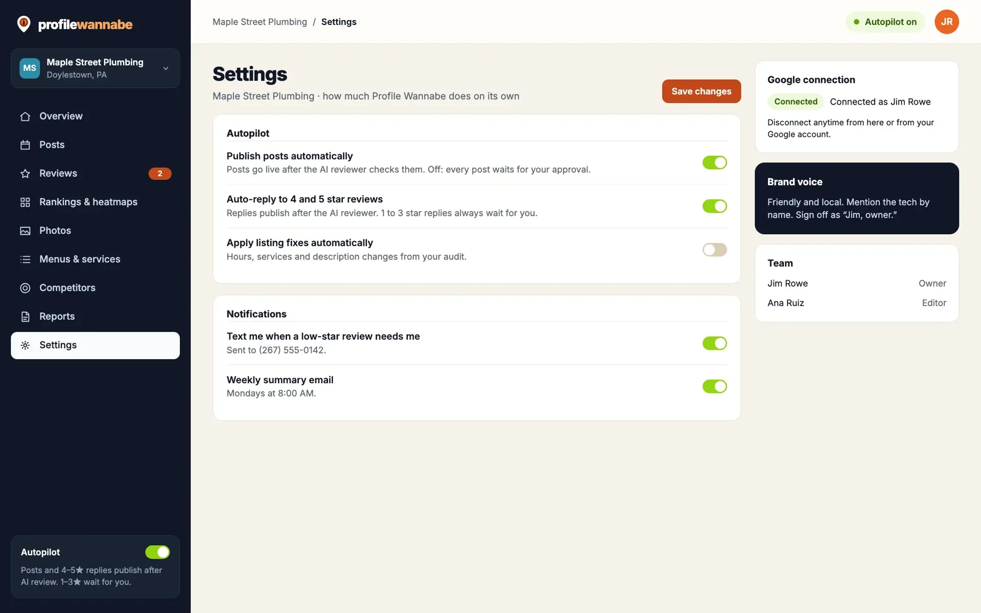 The Settings screen with approval rules and notifications