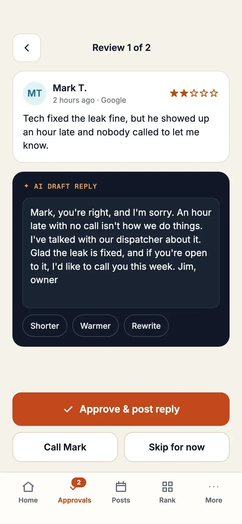 Approving an AI-drafted review reply on the phone