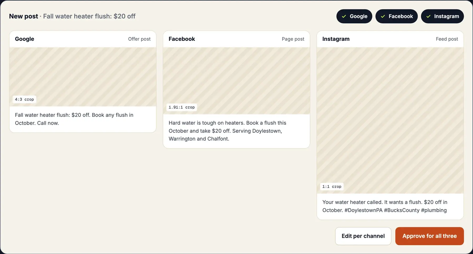 An early design of the composer showing one post shaped for Google, Facebook and Instagram